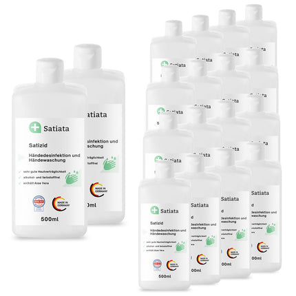 Mehrere Flaschen Alkoholfreie Händedesinfektion Satizid von Satiata Med, mit Aloe Vera und Made in Germany, in verschiedenen Größen vor weißem Hintergrund.