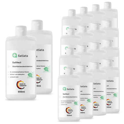 Verschiedene Größen der 500ml-Flaschen der Marke Satiata Med Alkoholfreie Flächendesinfektion Satifect, hergestellt in Deutschland und klassifiziert als begrenzt viruzid PLUS, übersichtlich geordnet.