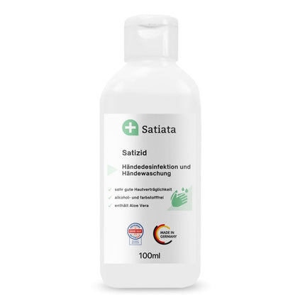 Eine 100-ml-Flasche der Marke Satiata Med Alkoholfreie Händedesinfektion Satizid mit Aloe Vera.