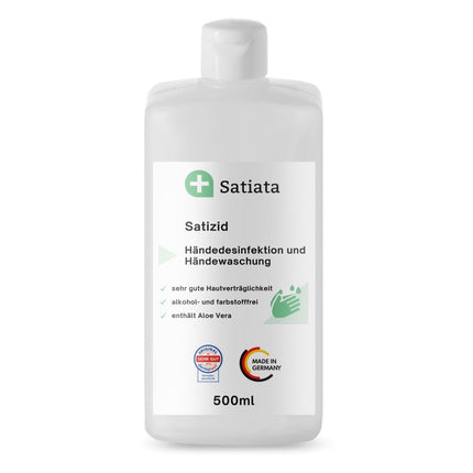 Flasche Alkoholfreie Händedesinfektion Satizid von Satiata Med mit 500 ml Volumen, mit hautfreundlichen Inhaltsstoffen inklusive Aloe Vera, hergestellt in Deutschland.