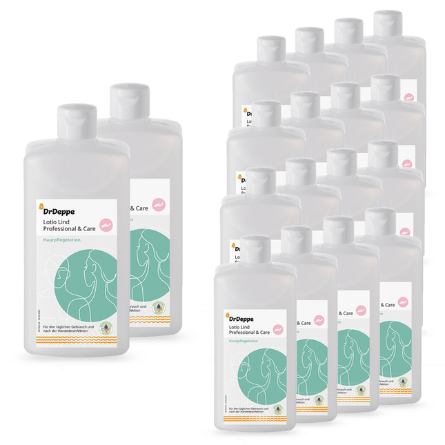 Siebzehn Flaschen sind abgebildet: zwei deutlich beschriftete "Dr. Deppe Hautpflegelotion 500 ml Lotio Lind® (ab 13,22€/l)" im Vordergrund, fünfzehn unscharfe Flaschen im Hintergrund.
