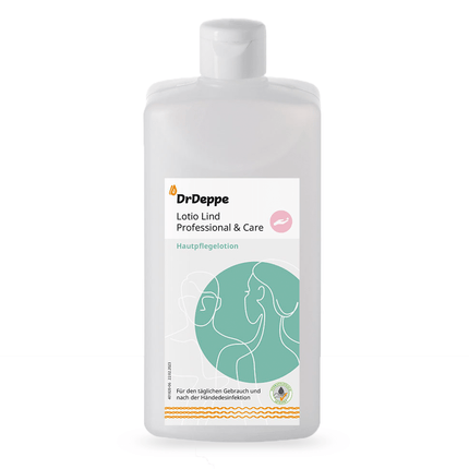 Die weiße 500-ml-Flasche der Dr. Deppe Hautpflegelotion Lotio Lind® (ab 13,22 €/l), parfümfrei mit Panthenol, ziert ein minimalistisches Etikett mit Gesichtern und deutschem Text.