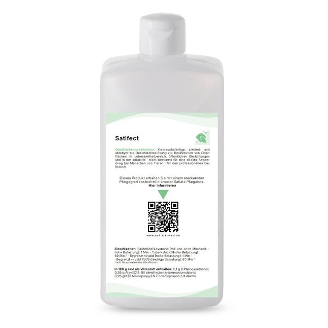Ein Behälter „Alkoholfreie Flächendesinfektion Satifect“ von Satiata Med mit Etikett und QR-Code.